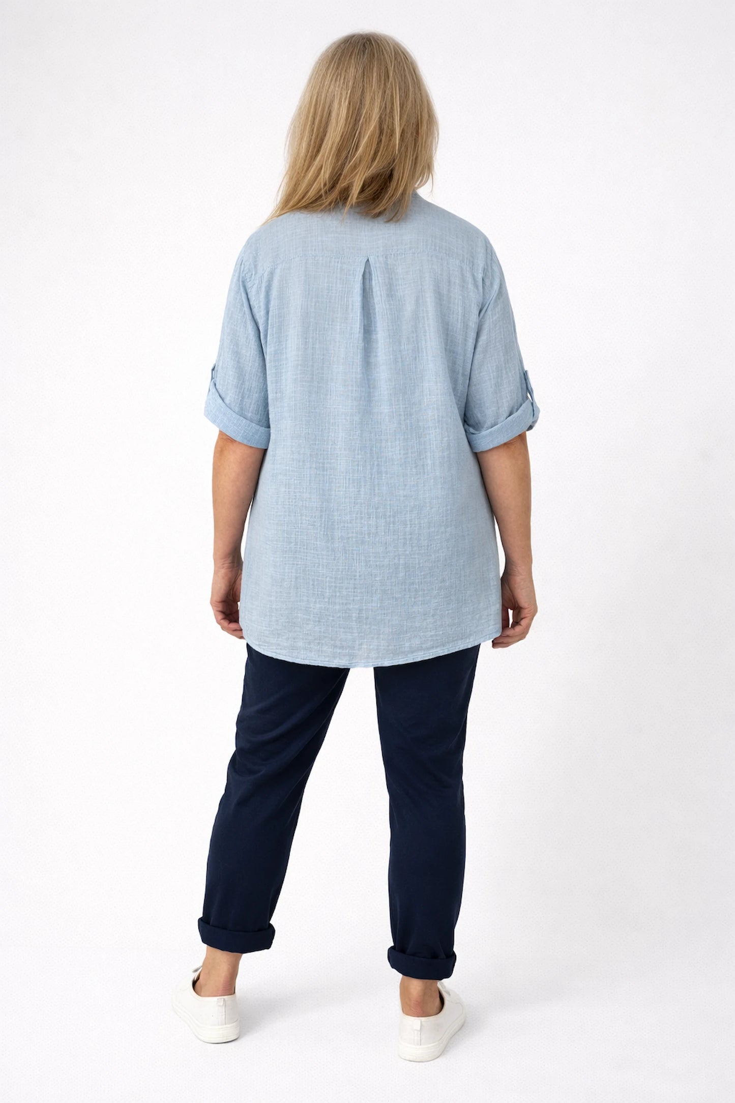Linen Look Pure Cotton Button Sleeve Diana Button Shirt - Light Denin