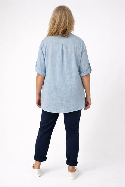 Linen Look Pure Cotton Button Sleeve Diana Button Shirt - Light Denin