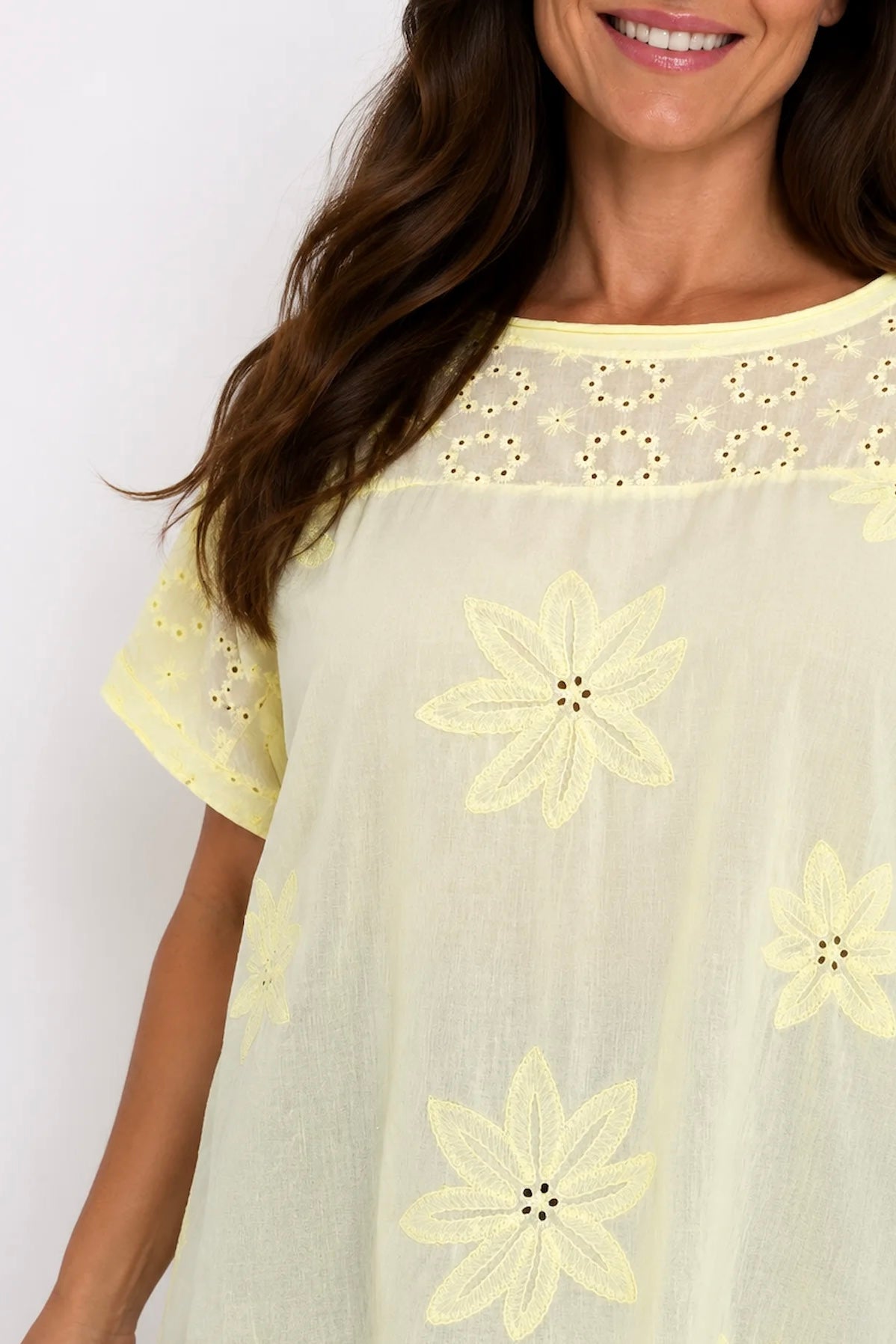 Pure Cotton Floral Embroidery Anglaise Clarissa Top - Lemon