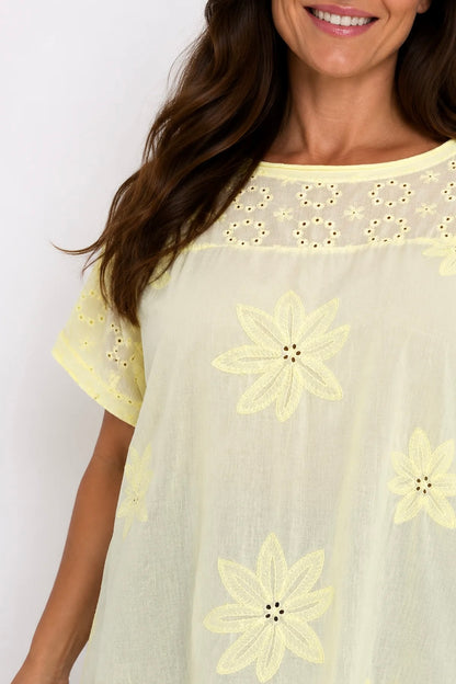 Pure Cotton Floral Embroidery Anglaise Clarissa Top - Lemon