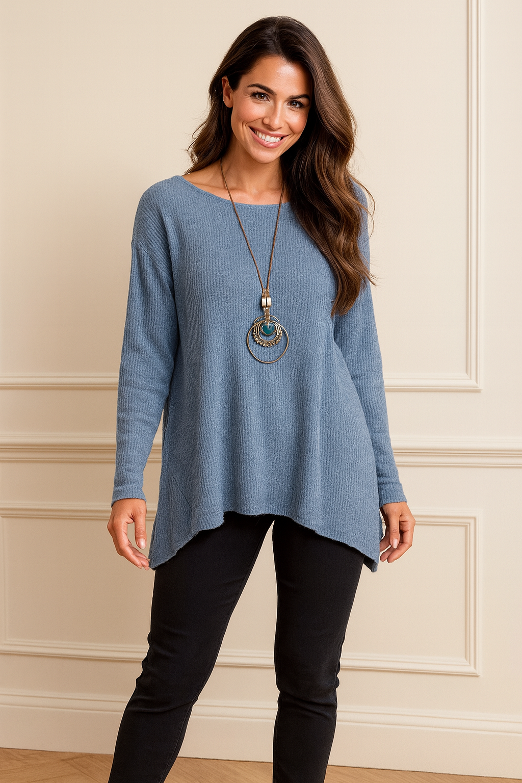 Wool Mix Ribbed Knit Marcela Necklace Top - Denim