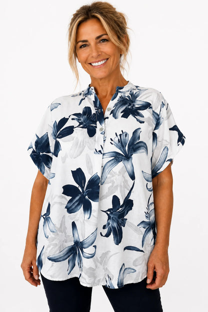 Button Sleeve Savannah Floral Button Shirt - Navy