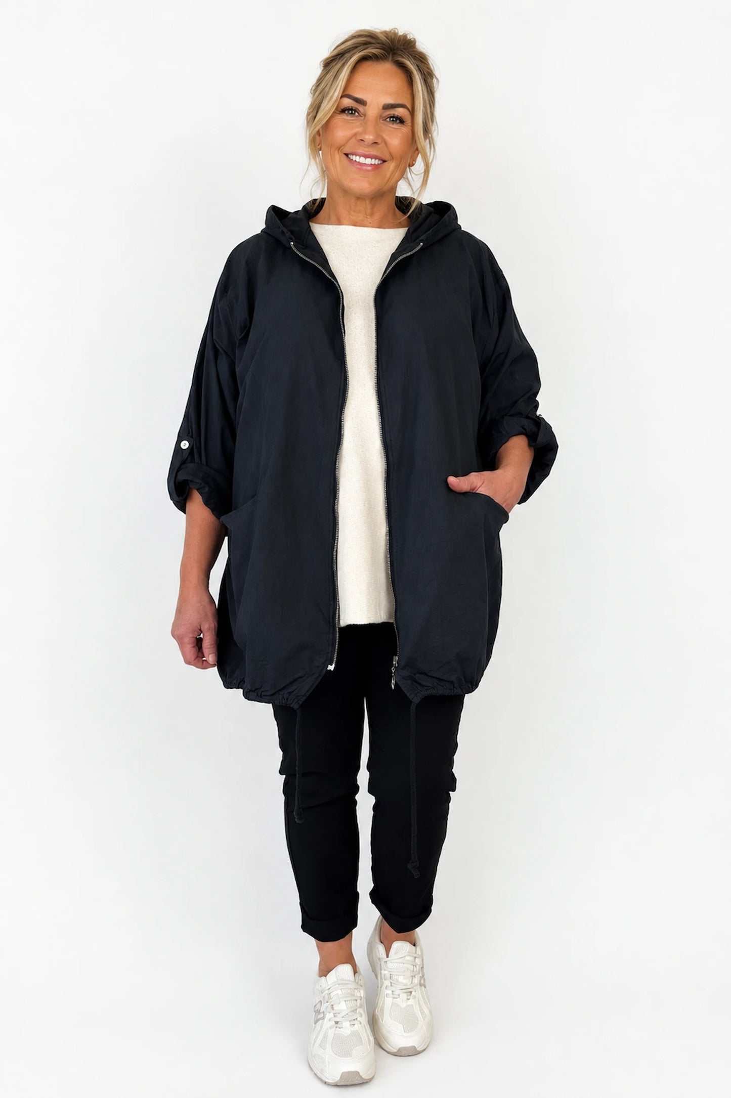 Button Sleeve Double Pocket Drawstring Hem Zipped Emila Hooded Jacket - Black