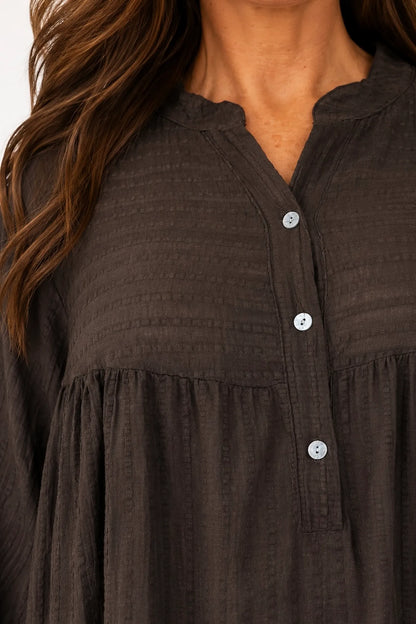 Pure Cotton Elasticated Sleeve Venice Button Shirt - Chocolate