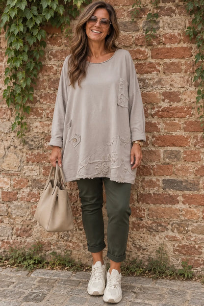 Cotton Button Detail Embroidery Anglaise Needlecord Hem Italia Top - Beige