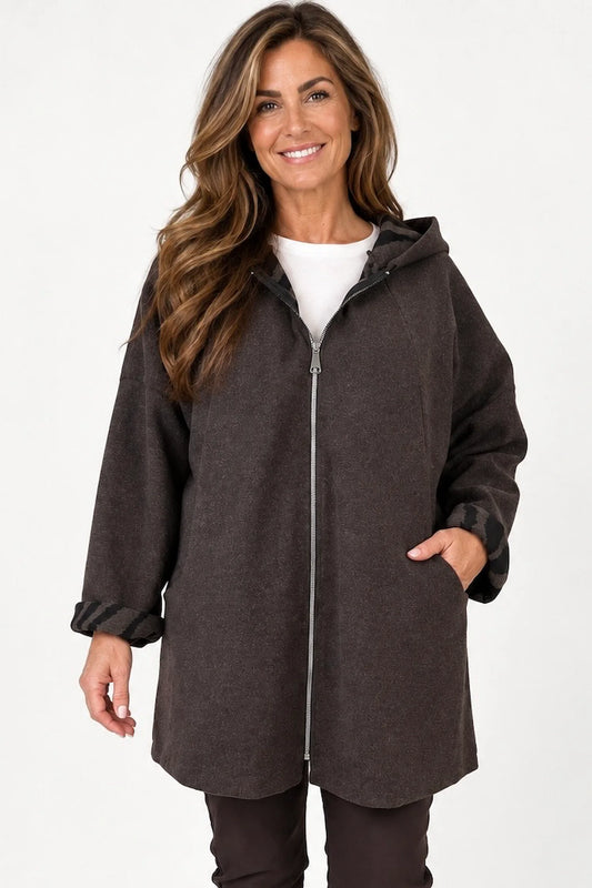 Double Pocket Zipped Contrast Animal Print Lined Valentina Brushed Hooded Coat - Chocolate
