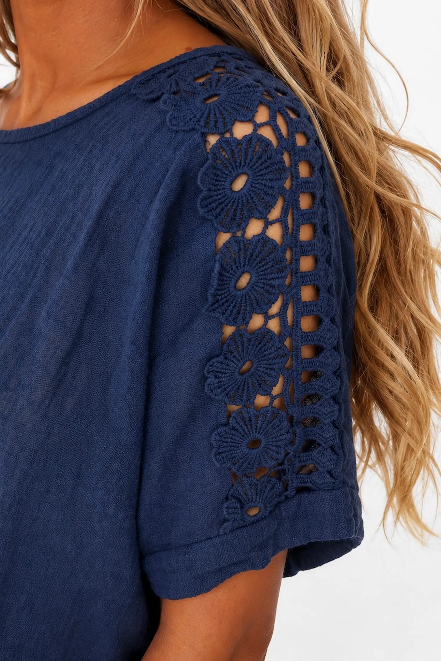 Pure Cotton Embroidered Crochet Sleeve Amira Top - Navy
