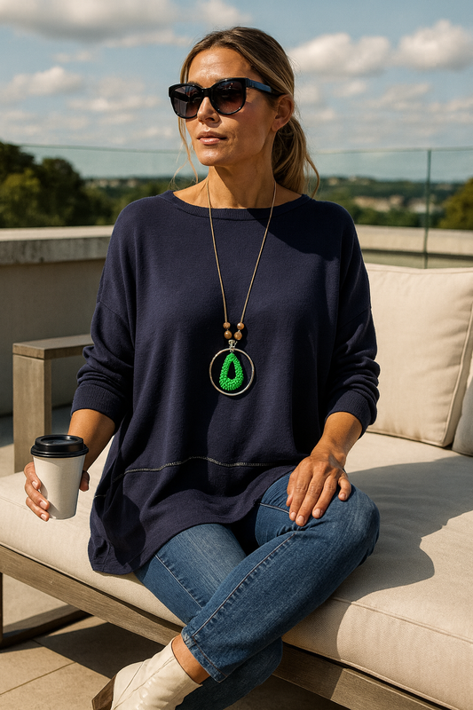 Soft Knit Silver Line Diana Necklace Top - Navy