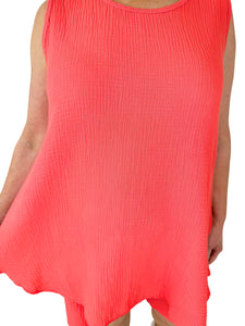 Pure Bubble Cotton Vest and Pocket Detail Shorts Summer Set - Coral