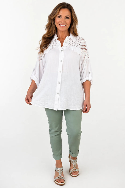 Mesh Detail Double Flap Button Sleeve Florence Button Shirt - White