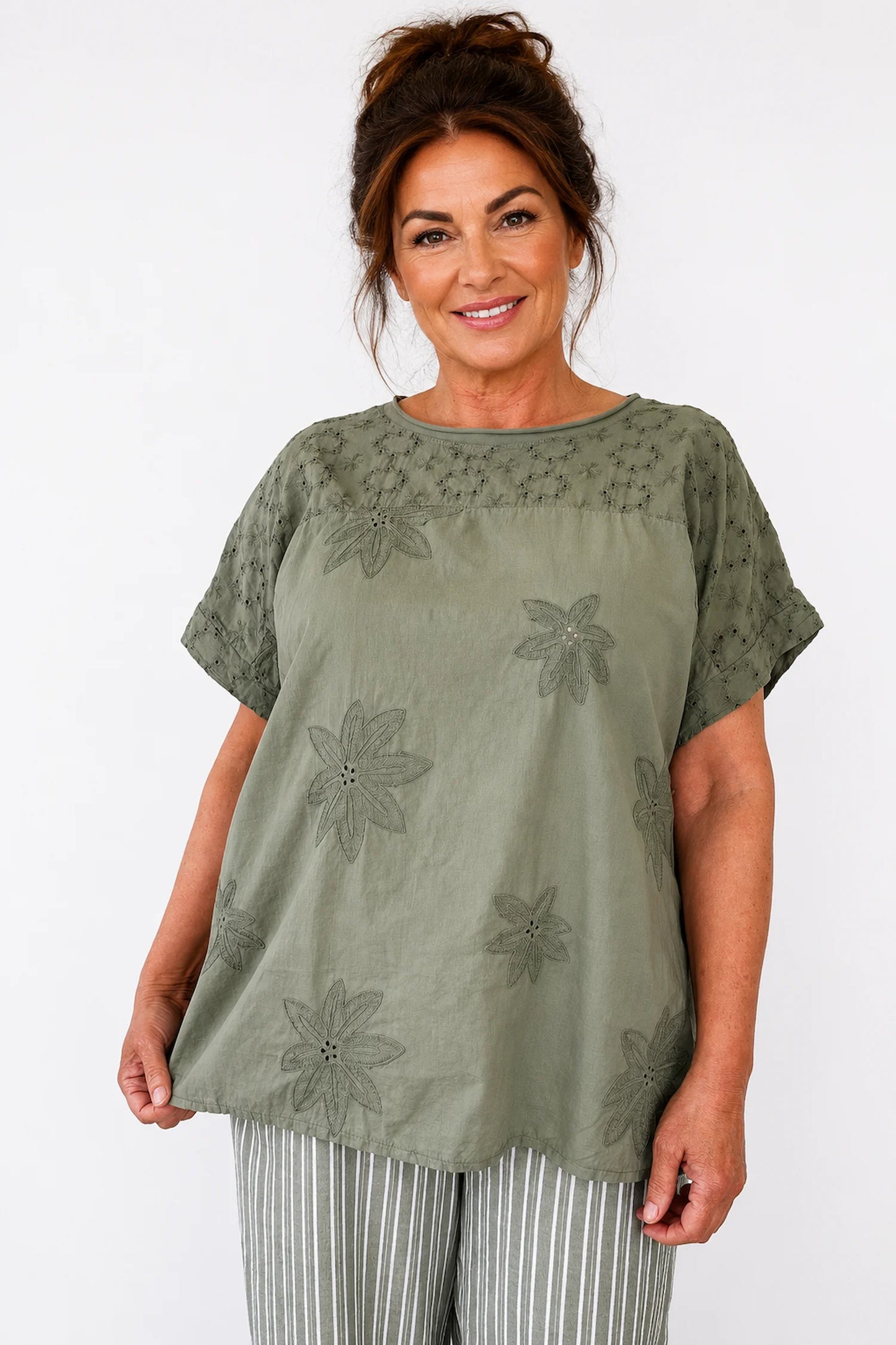 Pure Cotton Floral Embroidery Anglaise Clarissa Top - Khaki