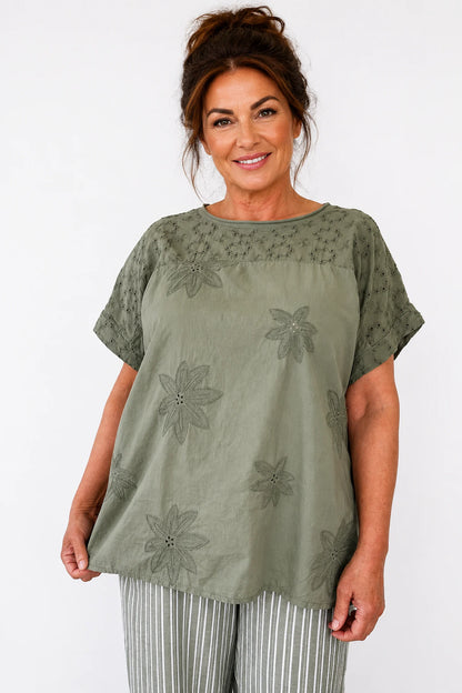 Pure Cotton Floral Embroidery Anglaise Clarissa Top - Khaki