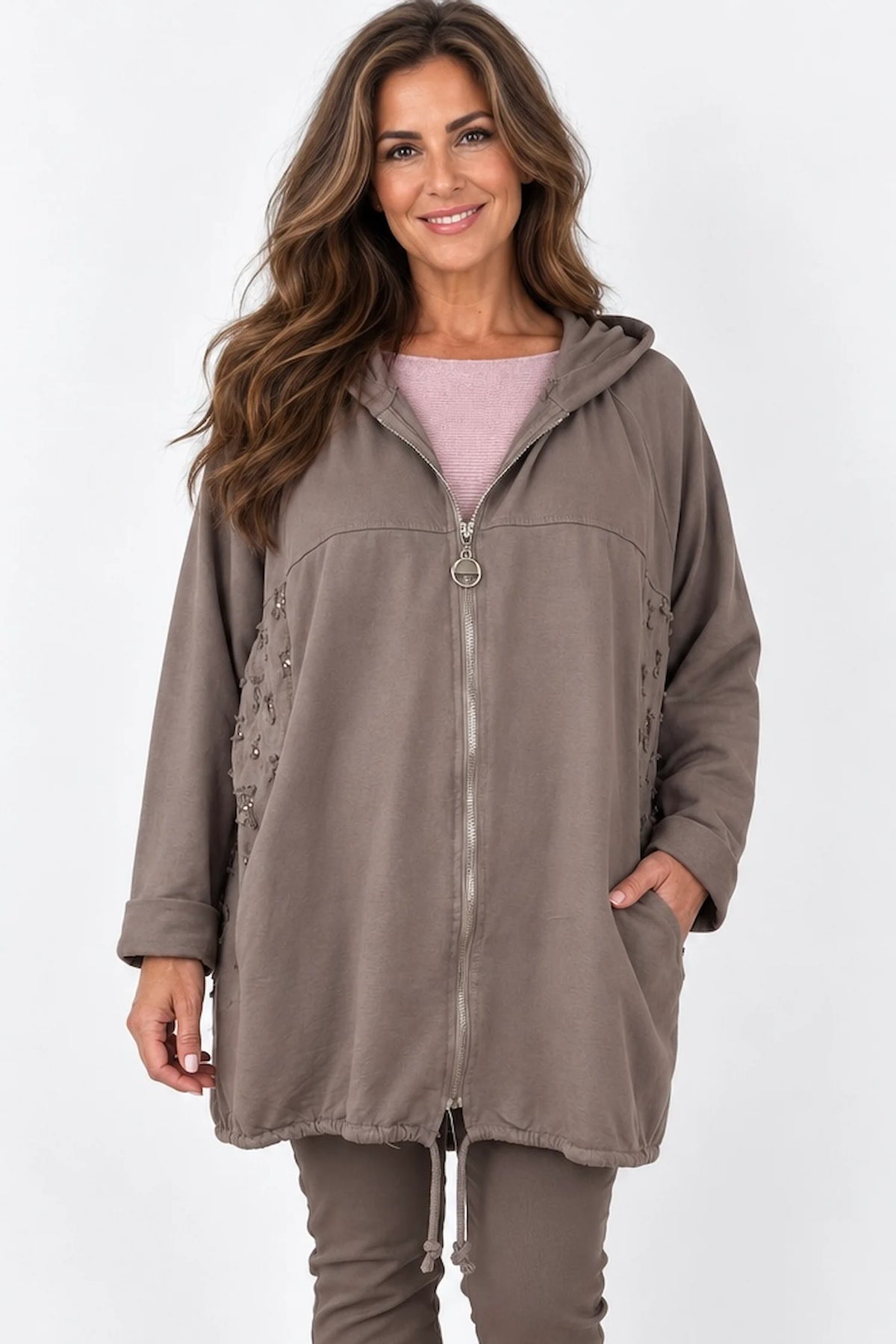 Cotton Gold Stitch Detail Zipped Florenzi Hooded Jacket - Mocha