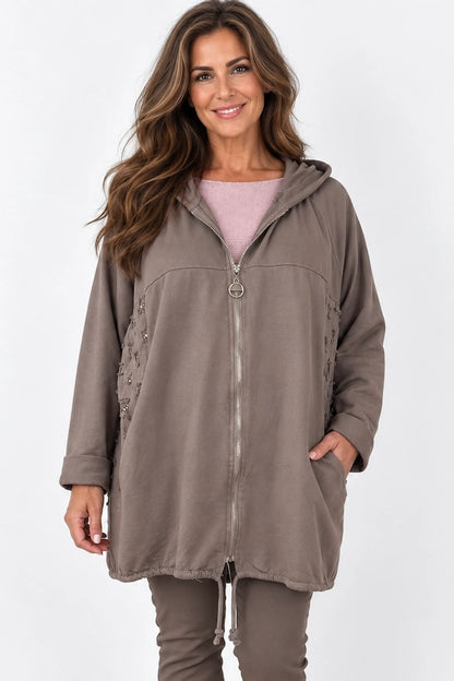 Cotton Gold Stitch Detail Zipped Florenzi Hooded Jacket - Mocha