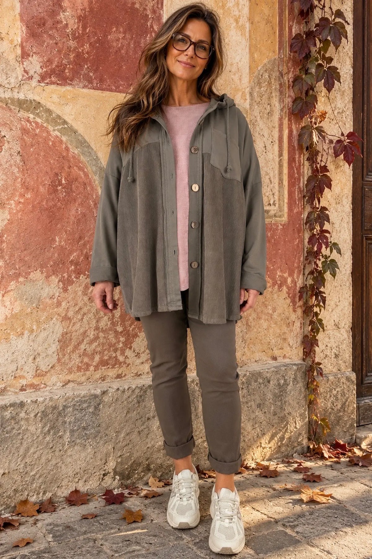 Pure Cotton Cord Patch Pocket Connie Button Hooded Jacket - Mocha