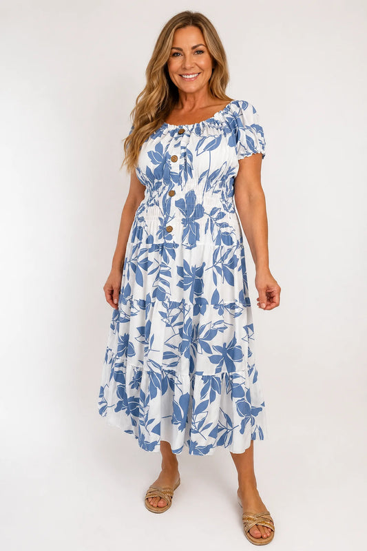 Button Detail Elasticated Waist Panel Floral Endless Summer Dress - Denim