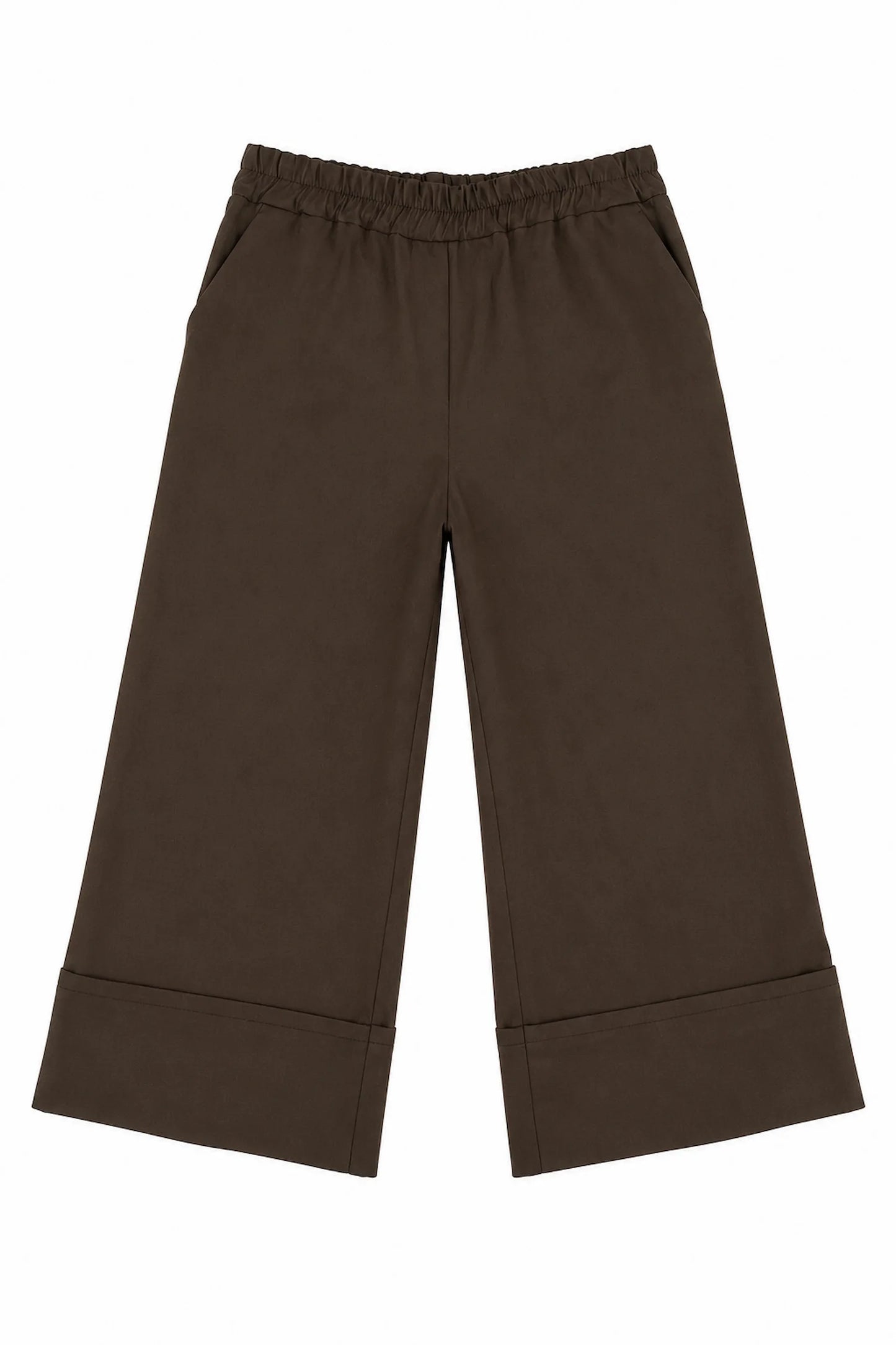 Stretch Wide Leg Capri Double Pocket Cuff Trouser - Chocolate