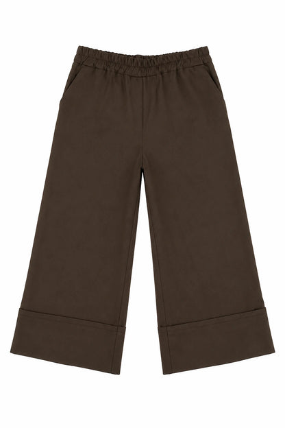 Stretch Wide Leg Capri Double Pocket Cuff Trouser - Chocolate