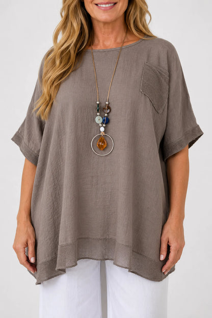 Pure Cotton Mesh Detail Pocketed Portofino Necklace Top - Mocha