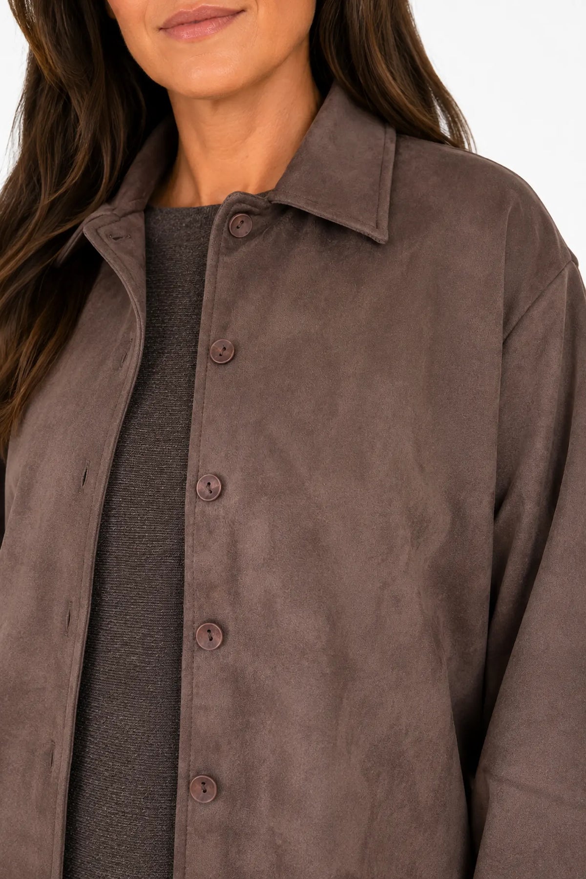 Alexandra Button Sleeve Faux Suede Button Jacket - Chocolate