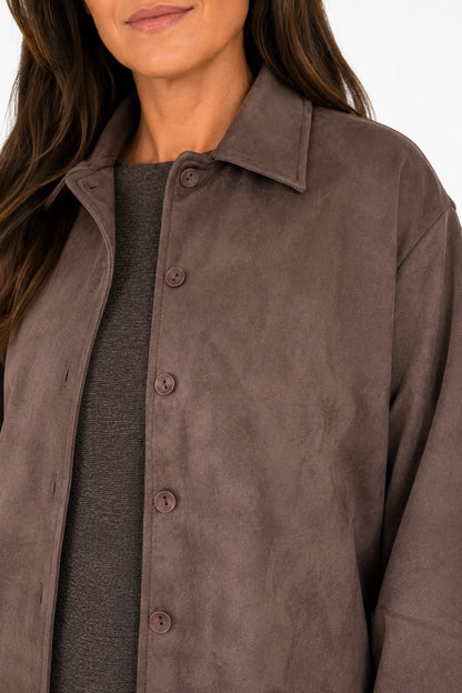 Alexandra Button Sleeve Faux Suede Button Jacket - Chocolate