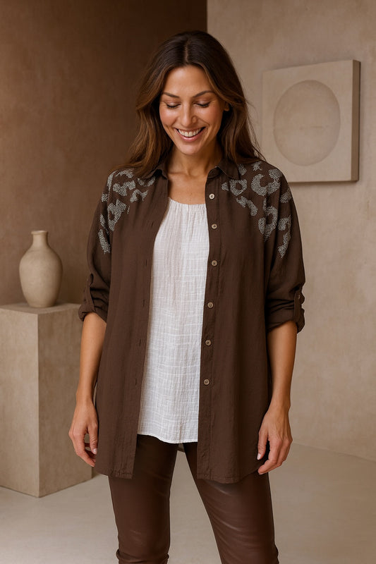 Premium Stitch Diamanté Leopard Celeste Button Sleeve Shirt - Chocolate