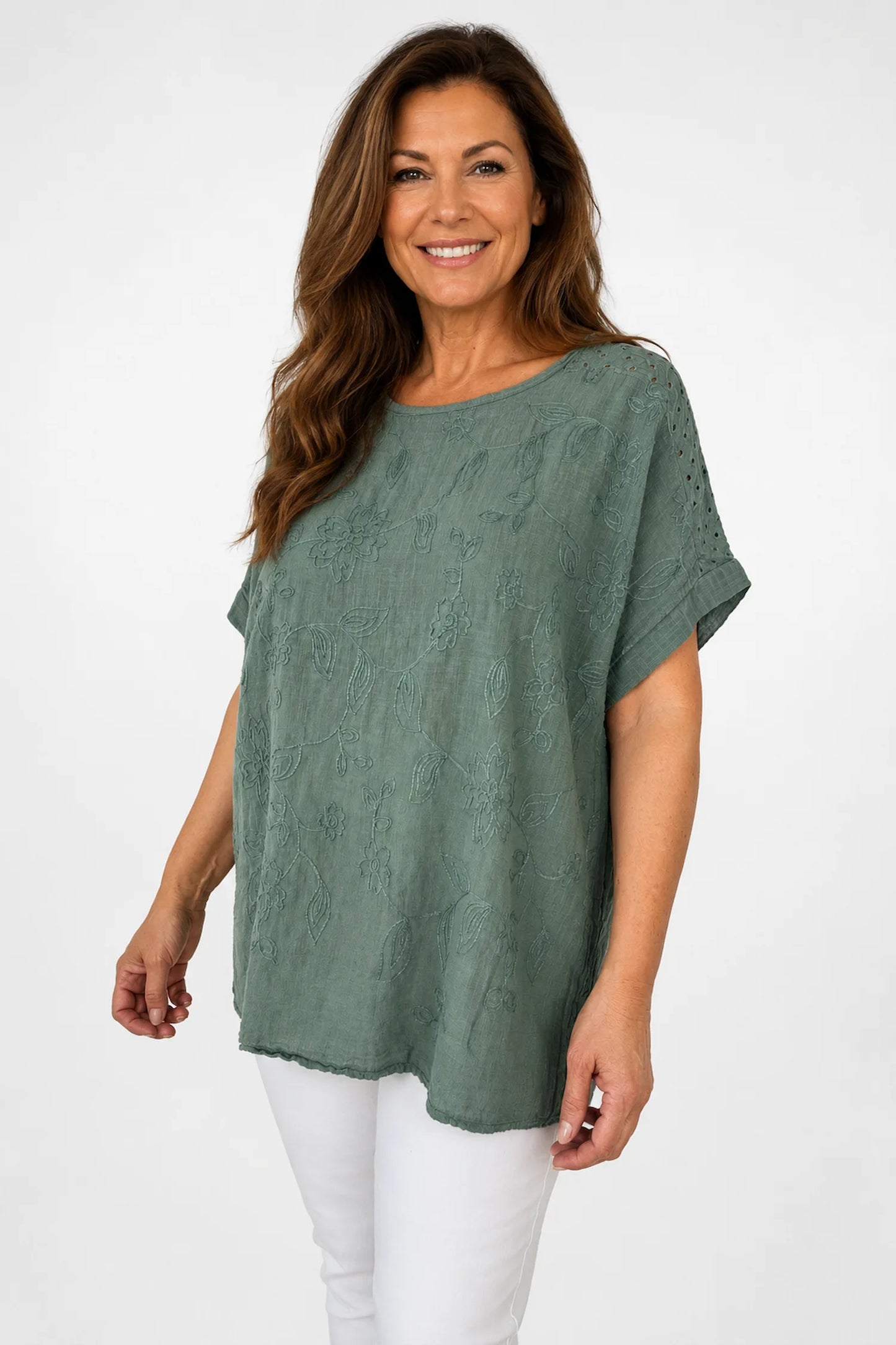 Pure Cotton Embroidery Anglaise Crochet Sleeve Devure Top - Khaki