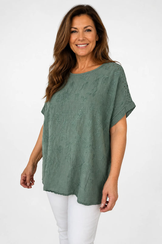 Pure Cotton Embroidery Anglaise Crochet Sleeve Devure Top - Khaki