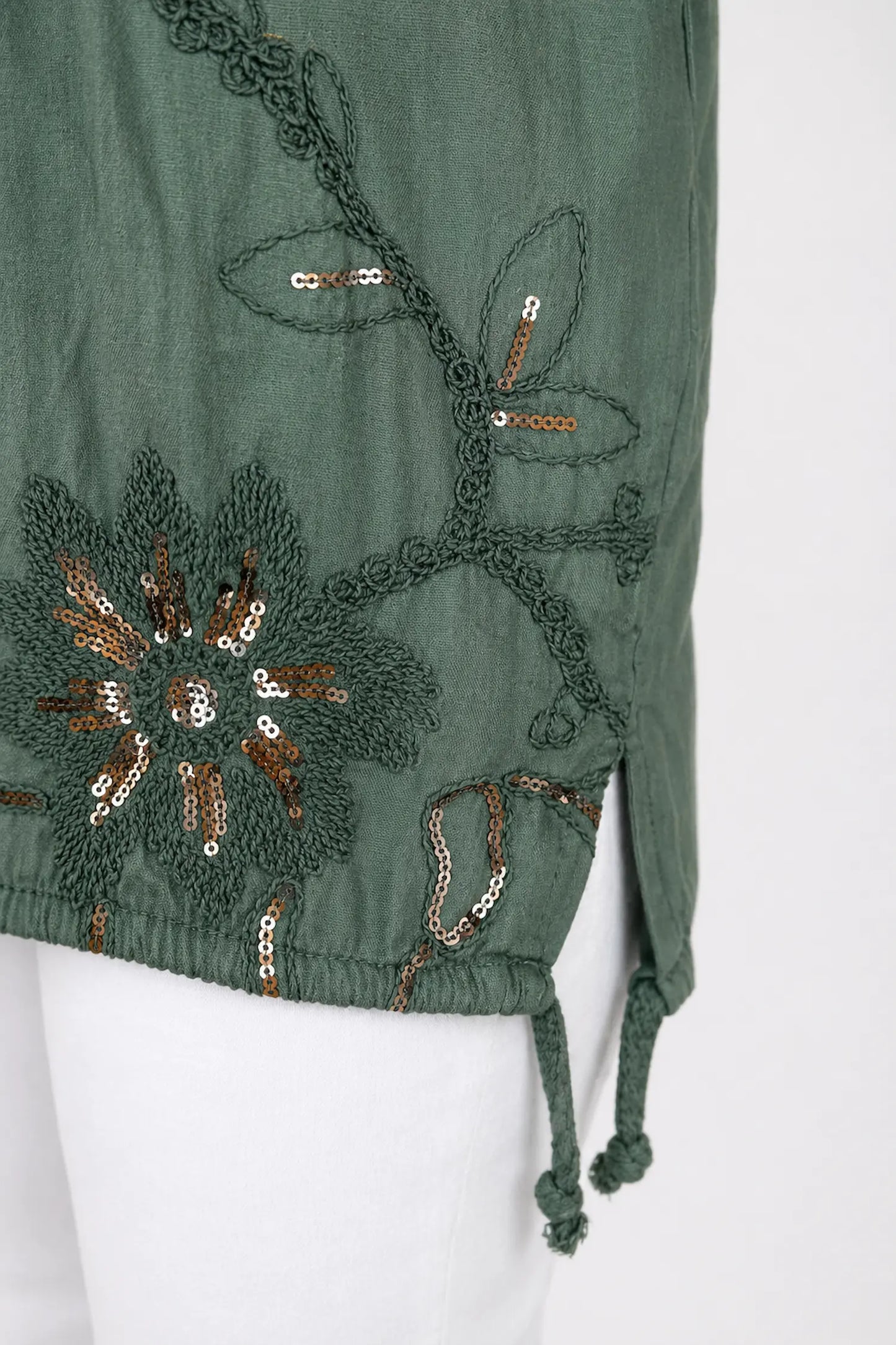 Pure Cotton Embroidery Anglaise Sequin Golden Sparkle Floral Tied Detail Rosa Top- Khaki