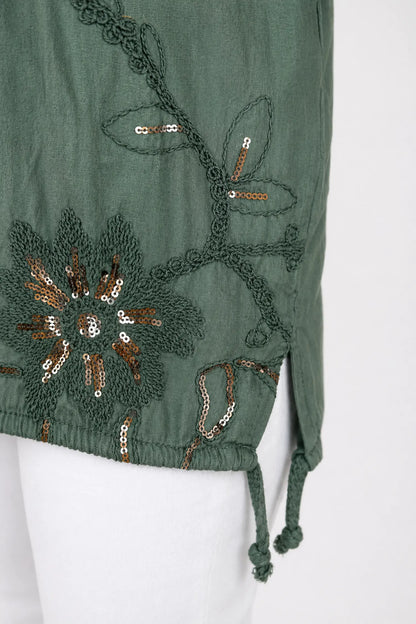 Pure Cotton Embroidery Anglaise Sequin Golden Sparkle Floral Tied Detail Rosa Top- Khaki