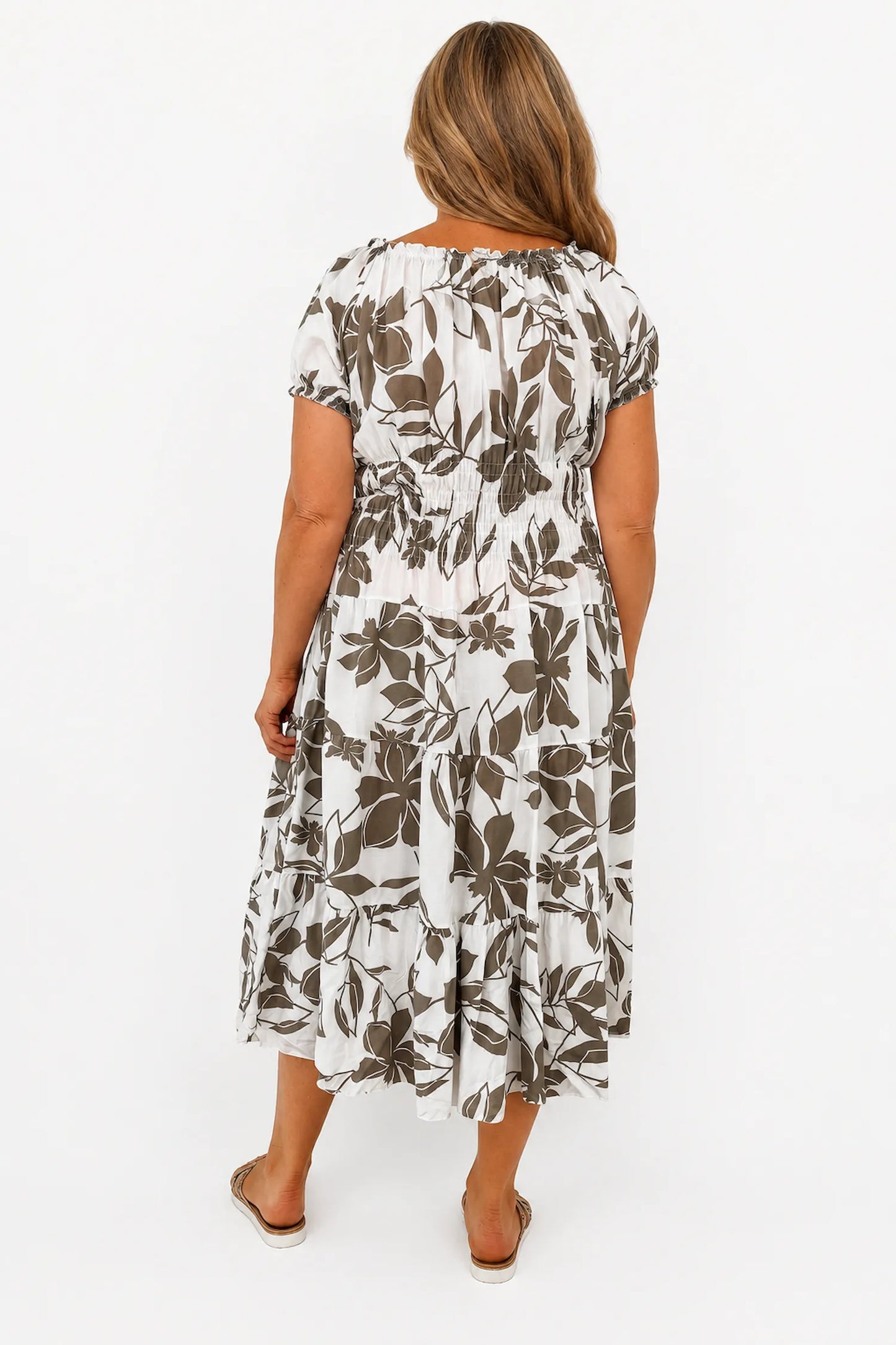 Cotton Button Detail Elasticated Waist Panel Floral Dasia Dress - Mocha