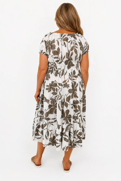 Cotton Button Detail Elasticated Waist Panel Floral Dasia Dress - Mocha