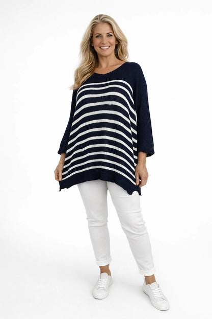 Cotton Serena Stripe Spring Knit Top - Navy
