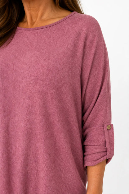 Fine Knit Button Sleeve Batwing Angelica Top - Raspberry Ripple
