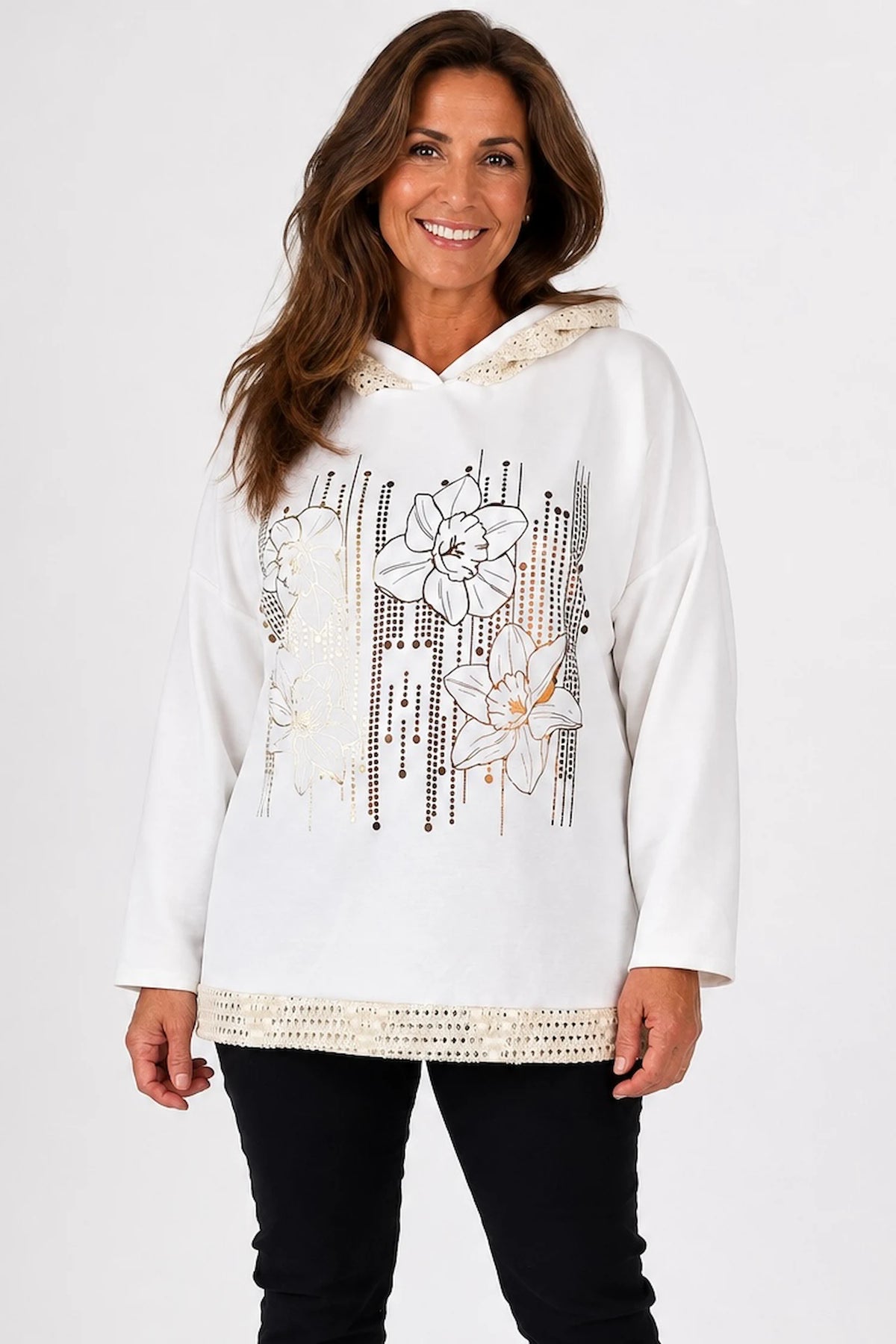 Crochet Hood/Hem Golden Flower Maxine Hoodie - White