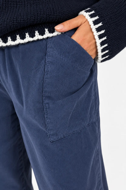 Pure Cotton Needlecord Double Panel Pocket Elasticated Waist Fara Pants - Navy