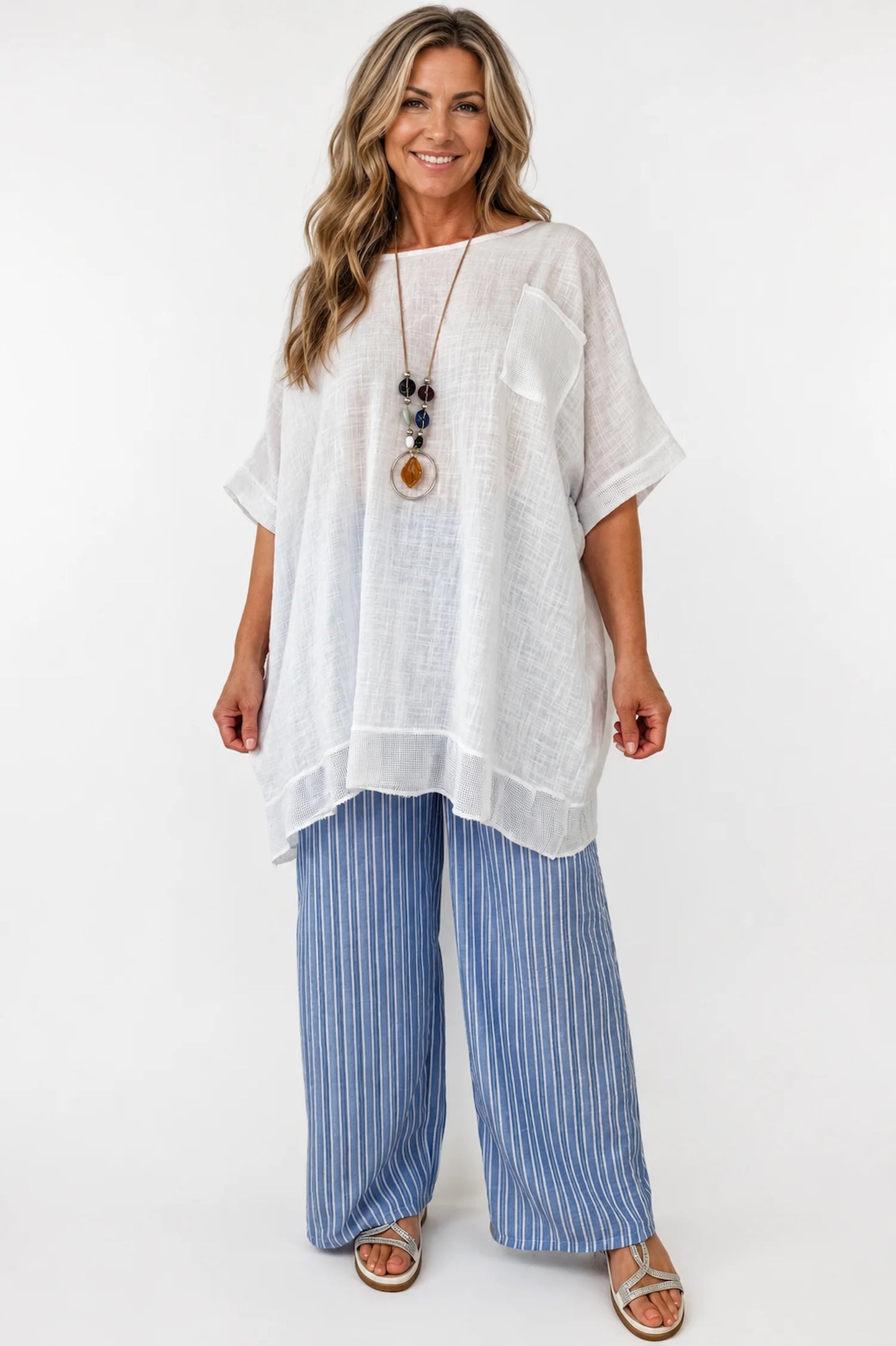 Pure Cotton Mesh Detail Pocketed Portofino Necklace Top - White