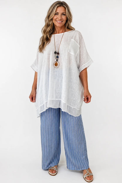 Pure Cotton Mesh Detail Pocketed Portofino Necklace Top - White