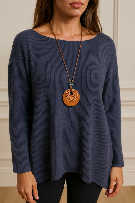 Wool Mix Ribbed Knit Marcela Necklace Top - Navy