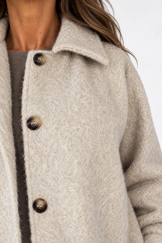Wool Mix Brushed Double Pocket Arabella Button Coat - Beige