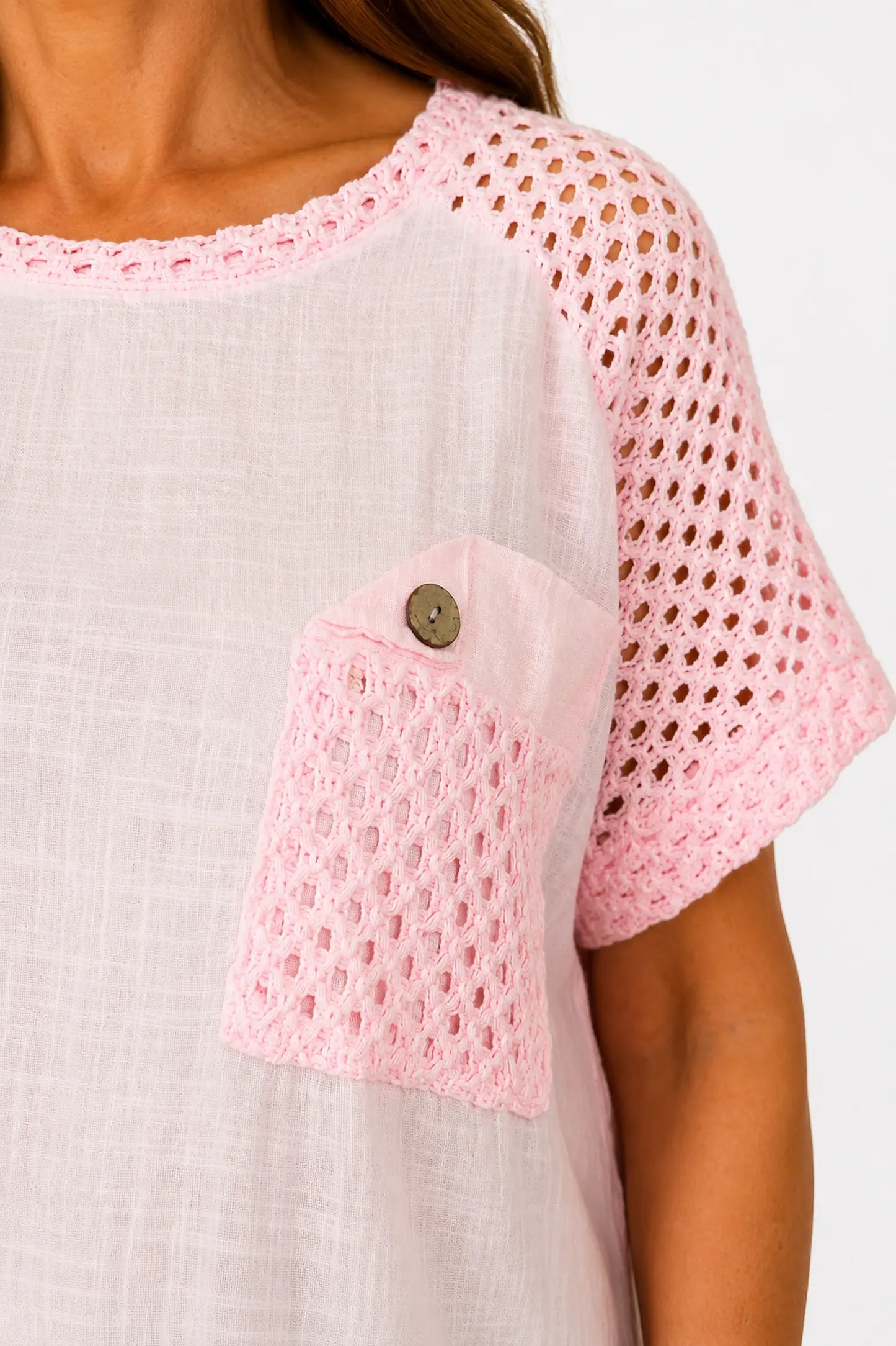 Pure Cotton Crochet Detail Button Pocket Palermo Top - Baby Pink