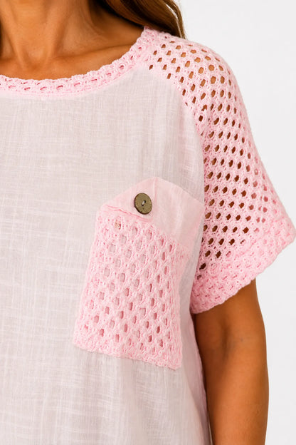 Pure Cotton Crochet Detail Button Pocket Palermo Top - Baby Pink