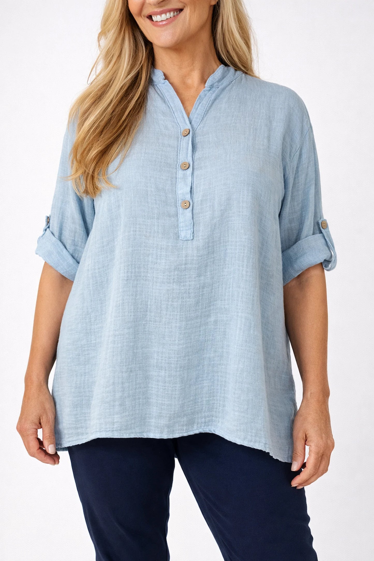 Linen Look Pure Cotton Button Sleeve Diana Button Shirt - Light Denin