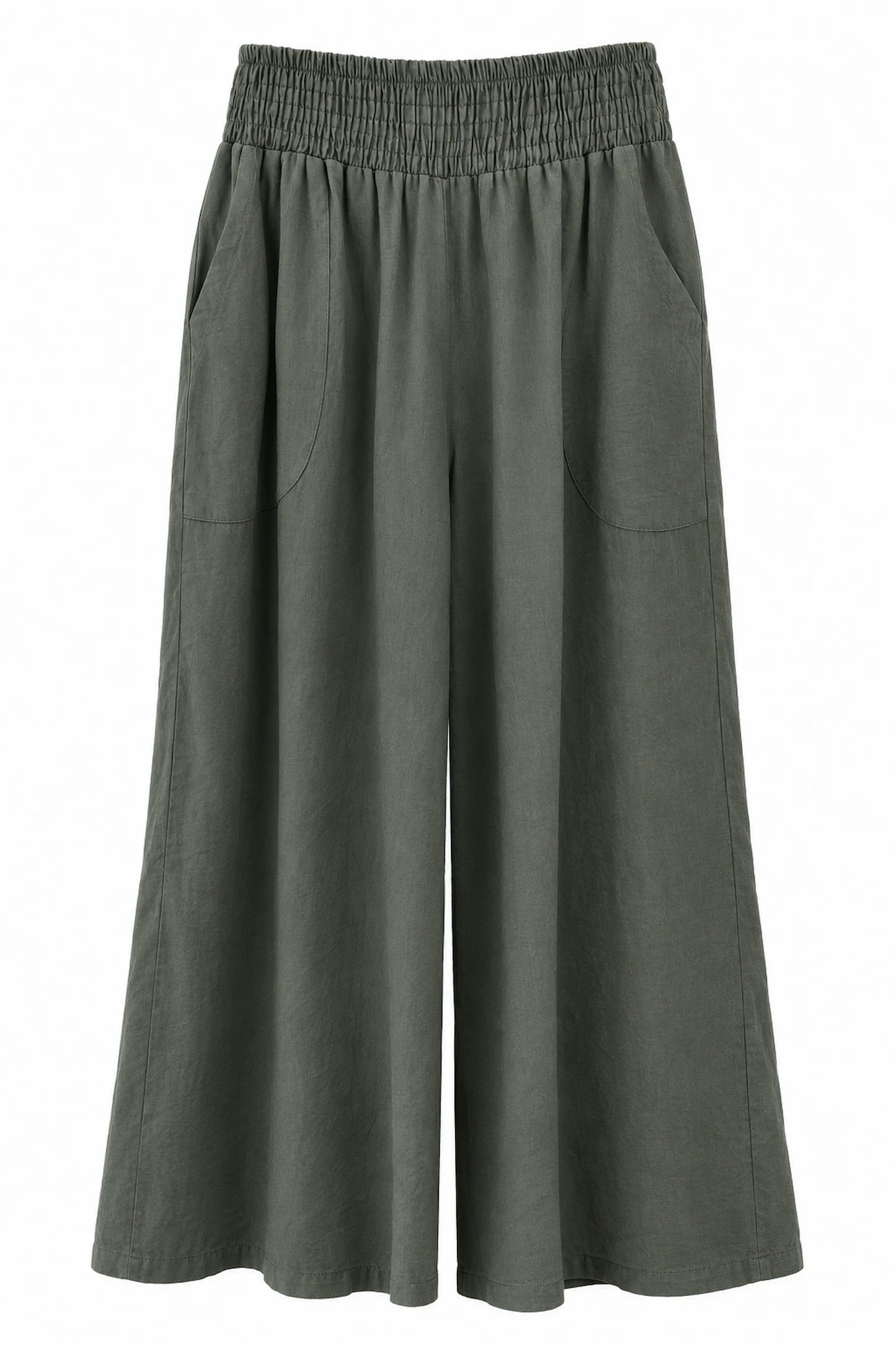 Elasticated Smocked Waist Patch Pocket Milan Wide Leg Pants - Khaki