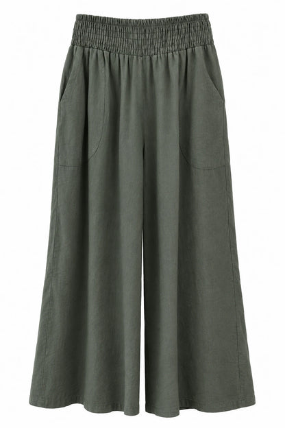 Elasticated Smocked Waist Patch Pocket Milan Wide Leg Pants - Khaki