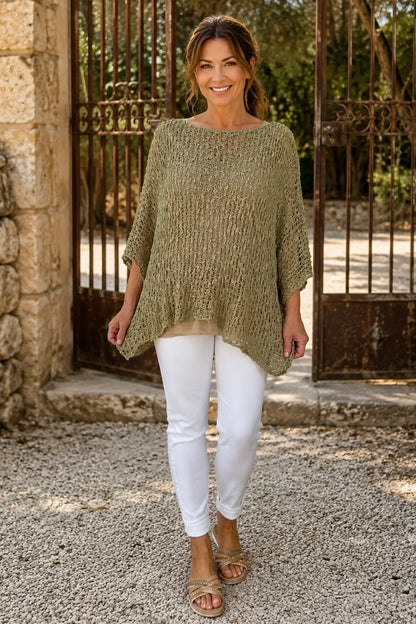 Amelia Ikat Premium Stitch Batwing Crochet - Biscuit