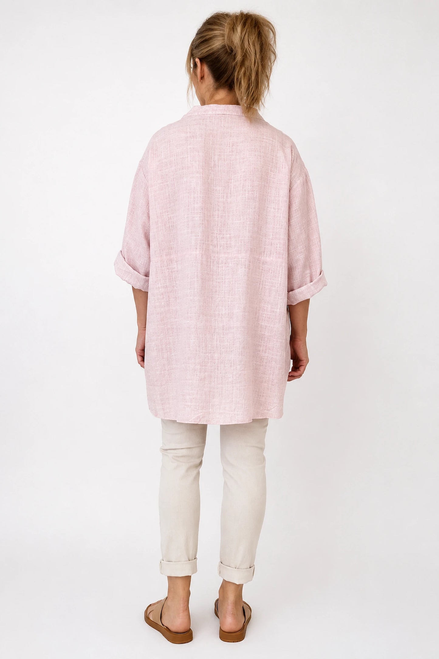Linen Cotton Blend Button Sleeve Monica Button Shirt - Rosewood Pink