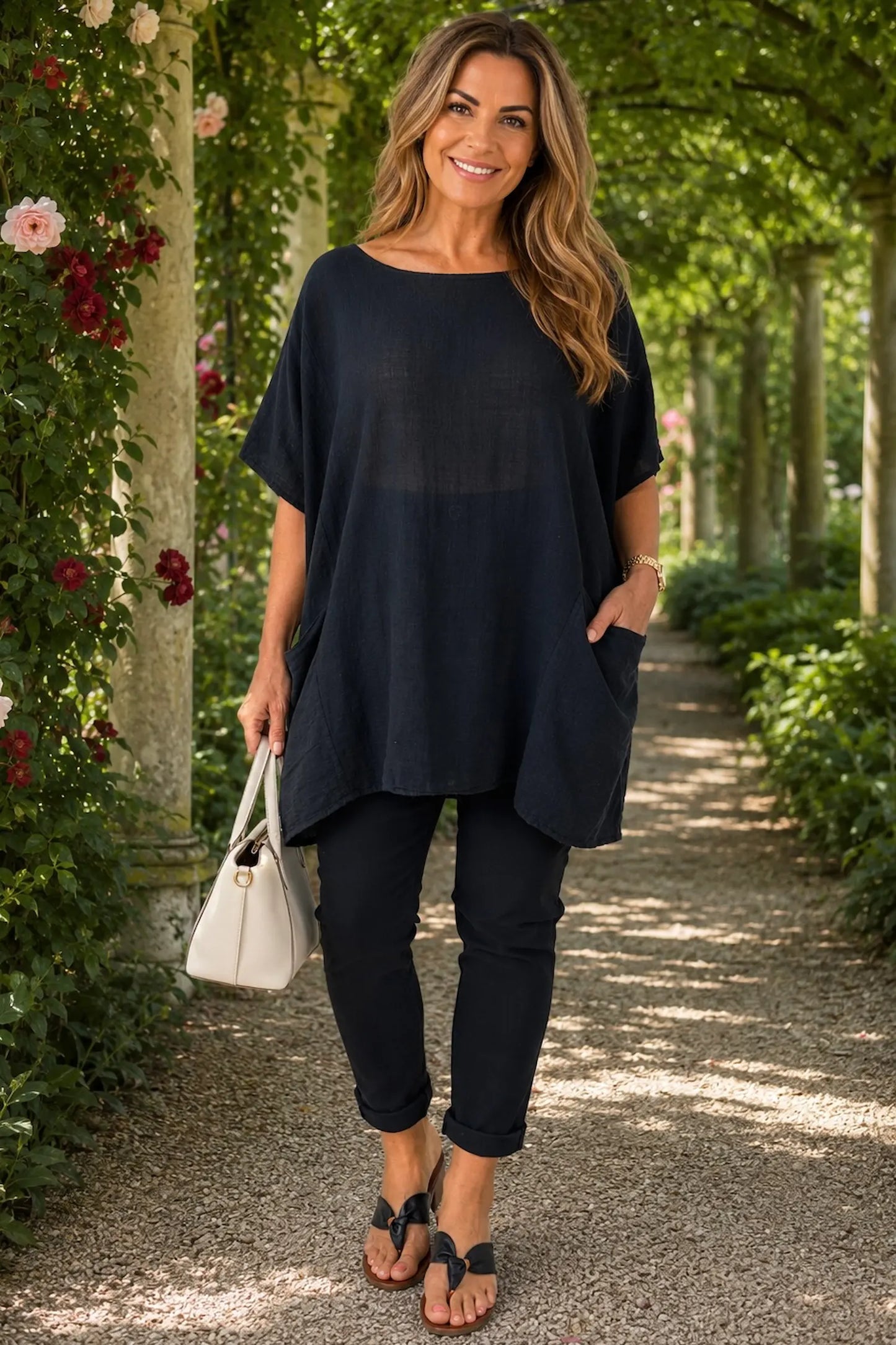 Pure Cotton Double Pocket Coté Tunic Top - Black