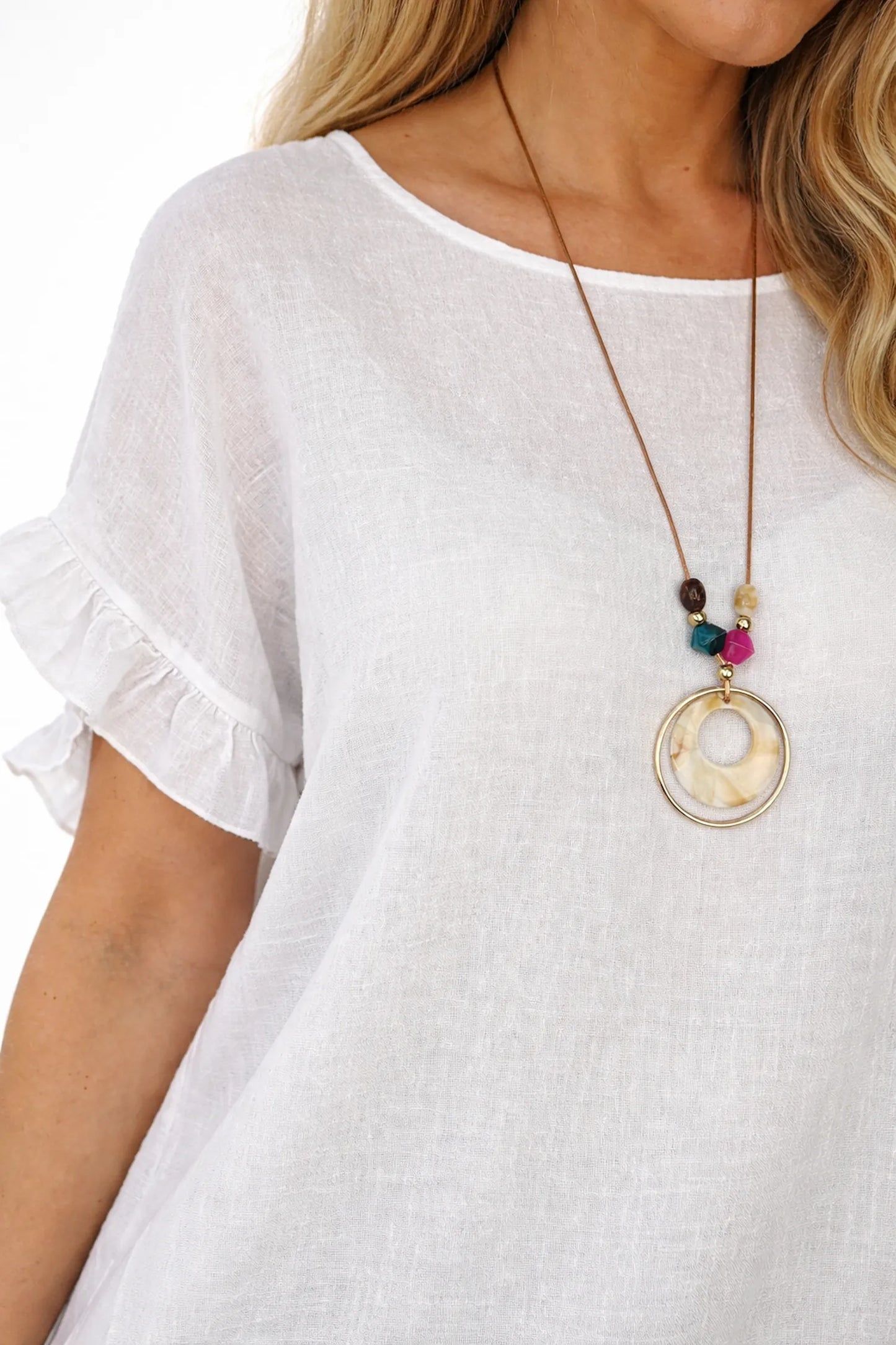 Linen Cotton Mix Frill Sleeve And Hem Iris Necklace Top - White