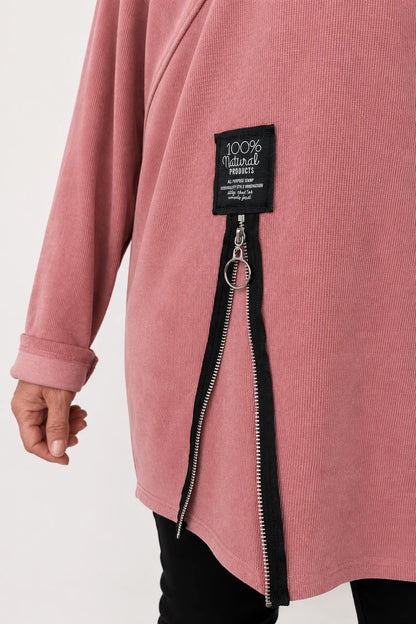 Zipped Hem Badge Detail Ciello Chenille Pocket Top - Rose Pink